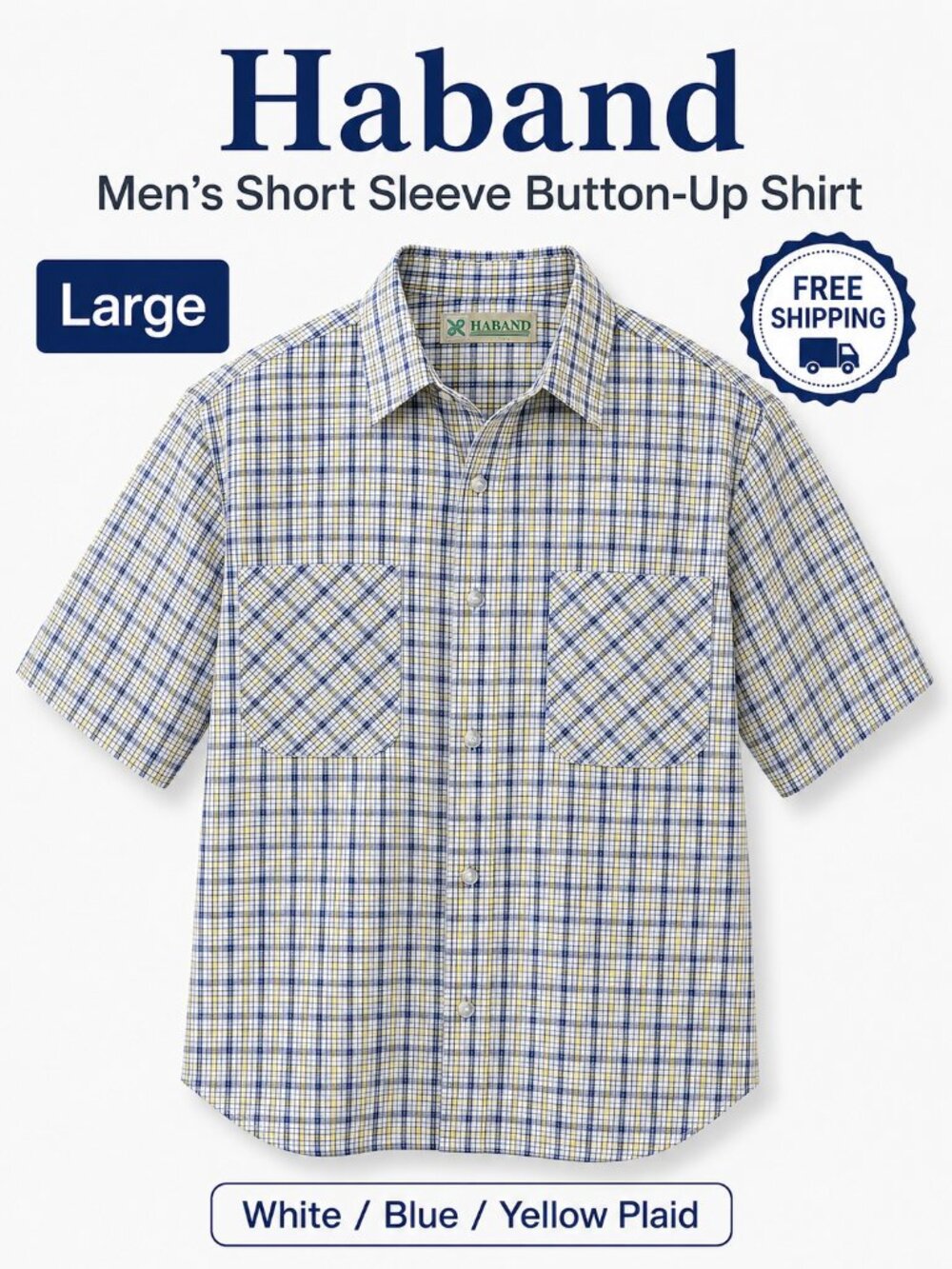 Haband Men's Plaid Short Sleeve Button Up Shirt Large Blue Yellow Style 14G